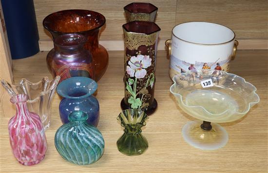 A quantity of mixed coloured and other glass, including a Daum vase, together with a porcelain jardiniere